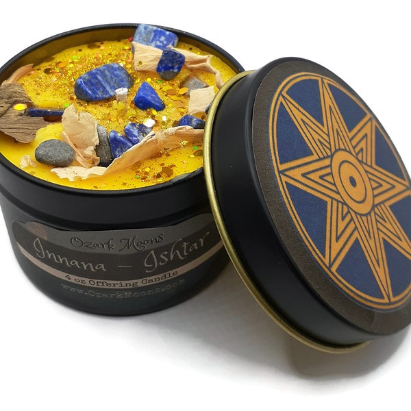 INANNA (Ishtar) 4oz Sumerian Goddess of Love and War Offering Candle - Amber Musk with Lapis Lazuli and White Lotus - Pagan, Wicca, Wiccan