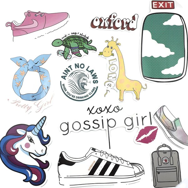 12-Sticker Pack - Unicorn, Gossip Girl, Shoes, Giraffe, Sea Turtle, Airplane Exit, Luggage - Fun Stickers Variety Pack Mix