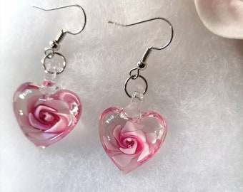 Murano Glass Pink Earrings, Heart Drop Earrings, Pink Dangle Earrings, Heart Earrings, Flower Earrings, Gift For Mom, Mothers Day
