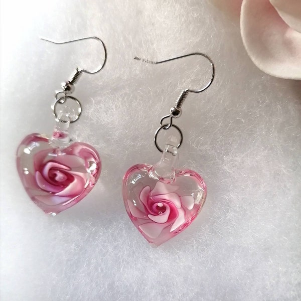 Pendientes rosas de cristal de Murano, pendientes colgantes de corazón, pendientes colgantes rosas, pendientes de corazón, pendientes de flores, regalo para mamá, día de las madres