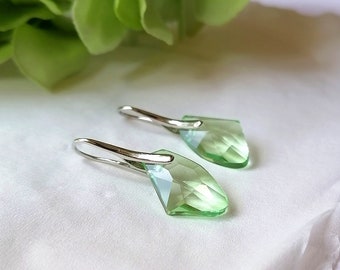 Lime Green Crystal Earrings with Silver Hook, Silver Plated Drop Earrings, Delicate Teardrop Earrings, Green Earrings,Christmas Gift For Her
