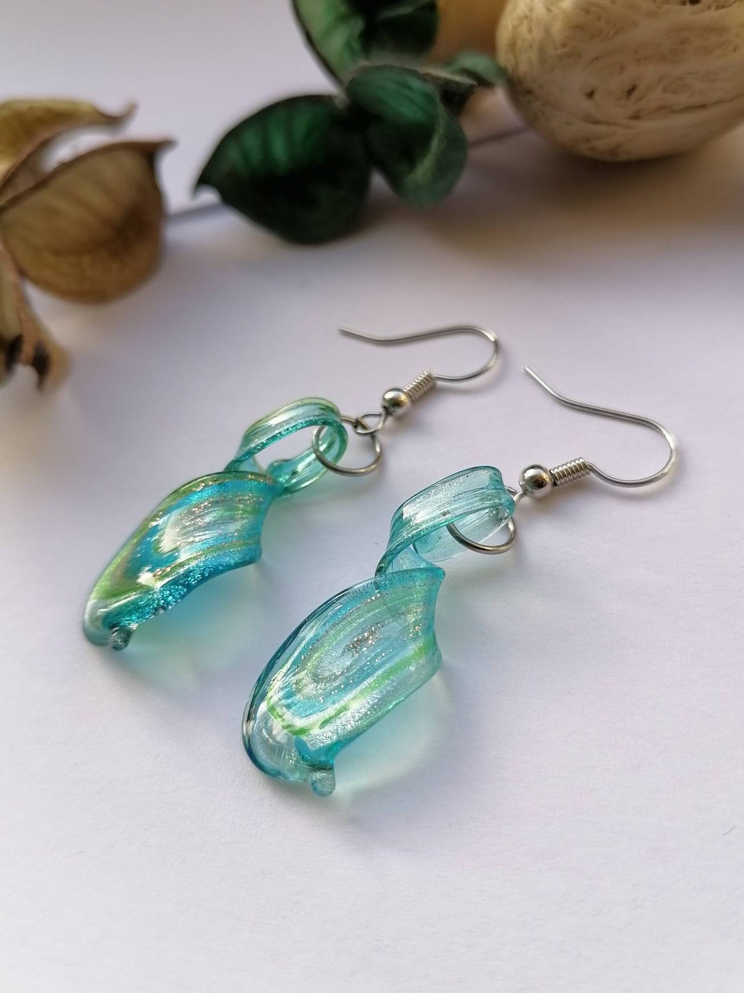 Murano Glass Blue Earrings, Green Earrings, Spiral Earrings, Twist Glass Earrings, Twist ...