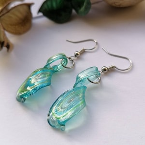 Murano Glass Blue Earrings, Green Earrings, Spiral Earrings, Twist Glass Earrings, Twist Earrings, Drop Earrings,Blue Silver Dangle Earrings