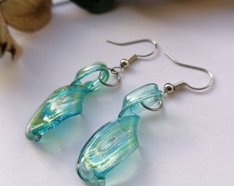 Murano Glass Blue Earrings, Green Earrings, Spiral Earrings, Twist Glass Earrings, Twist Earrings, Drop Earrings,Blue Silver Dangle Earrings