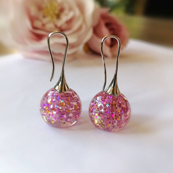 Pink Glass Earrings, Pink Dangle Earrings, Glitter Silver Earrings, Jewelry Gift, Valentine Earrings, Gift For Friend, Gift For Mom, Wife