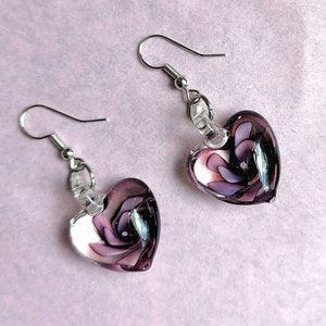 Murano Glass Mauve Earrings, Dangle Earrings, Purple Earrings, Glass Earrings, Heart Earrings, Dainty Earrings, Mothers Day Gift