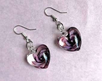 Murano Glass Mauve Earrings, Dangle Earrings, Purple Earrings, Glass Earrings, Heart Earrings, Dainty Earrings, Mothers Day Gift