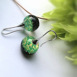Drop Dangle Earrings, Dark Green Earrings, Silver Earrings ,Glitter Glass Earrings, Dangle Earrings, Gift For Friend, Mom, Wife