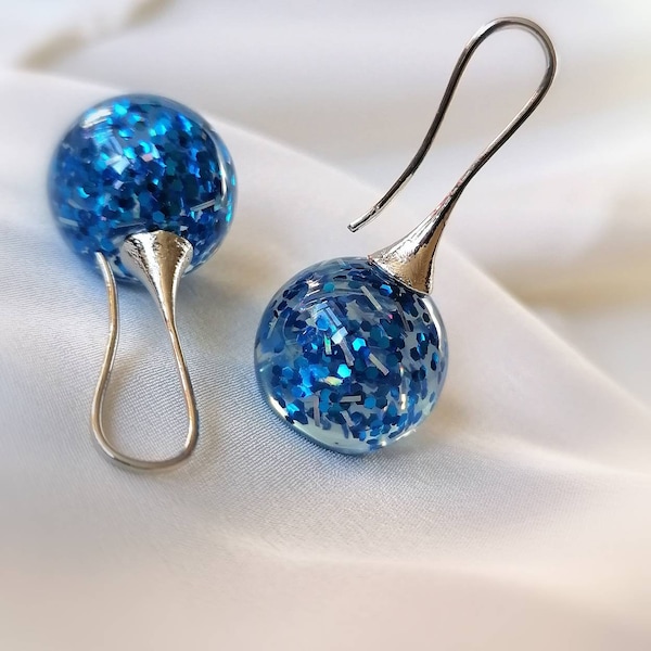 Blue Earrings, Blue Dangle Earrings, Glitter Earrings, Silver Earrings, Blue Glass Earrings, Blue Drop Resin Earrings, Valenti Earrings