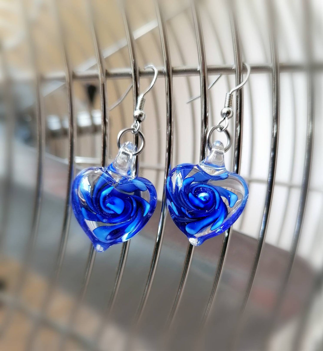 Murano Glass Deep Blue Earrings, Flower Earrings, Heart Earrings, Drop Dangle Earrings,valentine ...