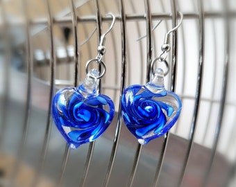 Murano Glass Deep Blue Earrings, Flower Earrings, Heart Earrings, Drop Dangle Earrings,Valentine Earrings, Glass Drop Earrings, Jewelry Gift