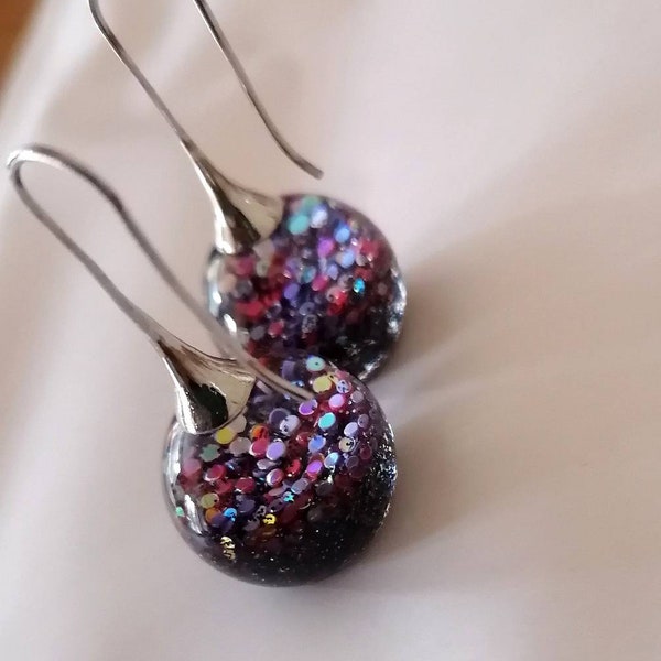 Drop Dangle Earrings,Purple Earrings, Resin Earrings, Glitter Glass Earrings, Resin Jewelry, Bridesmaid Jewelry, Gift for Mom, Wife, Friend