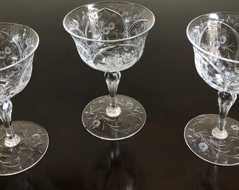 9 x vintage liqueur glasses hand engraved 40th