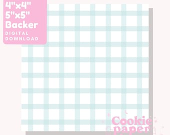 May include: A digital download of a 4x4 inch and 5x5 inch light blue and white gingham pattern. The text "Cookie paper scissors" is in pink at the bottom of the image.