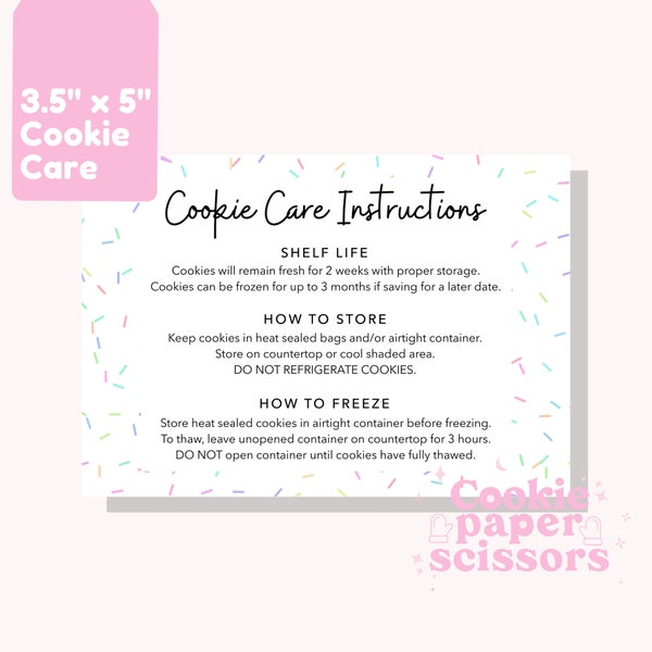Cookie Care Card - Instructions - 3.5"x5" - Digital Download - Printable - Sprinkles