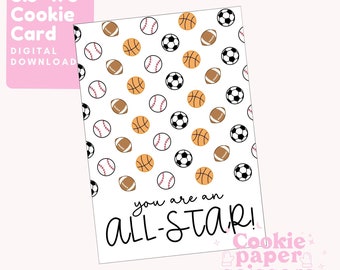 Valentine’s Day Cookie Card Mini Cookie Valentine 3.5”x5” Valentine Gift Pun Cute All-Star Sports Basketball Football Baseball Printable