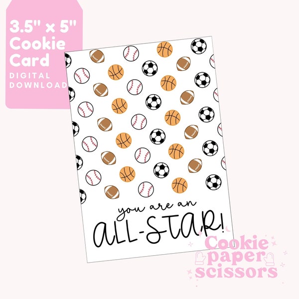 Valentine’s Day Cookie Card Mini Cookie Valentine 3.5”x5” Valentine Gift Pun Cute All-Star Sports Basketball Football Baseball Printable