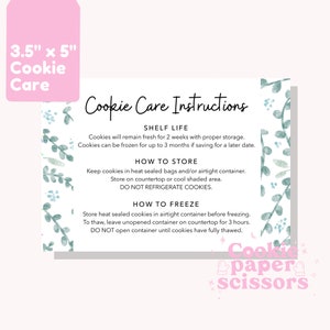 Cookie Care Card - Instructions - 3.5&quot;x5&quot; - Digital Download - Printable - Greenery