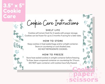 Cookie Care Card - Instructions - 3.5"x5" - Digital Download - Printable - Greenery