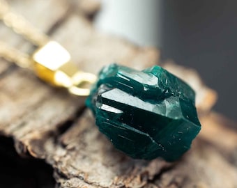 Rare dioptase (copper emerald) with gold-plated 925 silver chain / forest lights natural jewelry / raw stone spiritual crystal