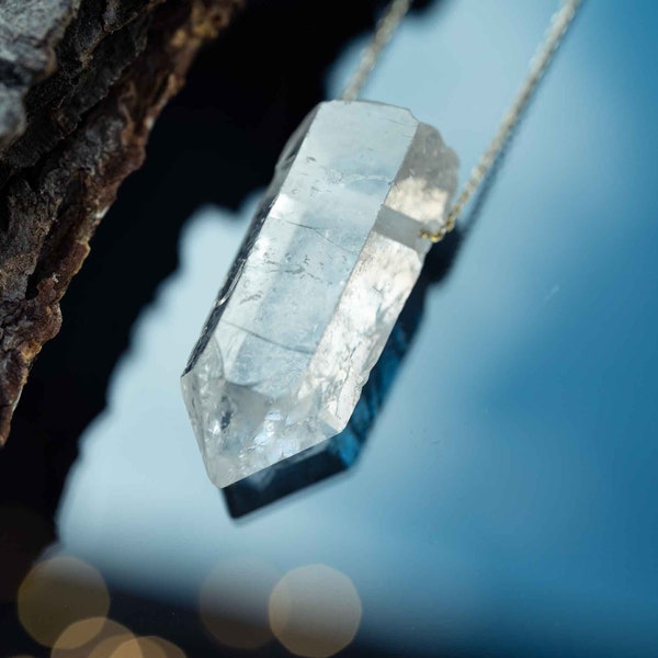 Pierre brute cristal de roche avec chaîne argent/plaqué or 925/lumières forestières pierre naturelle