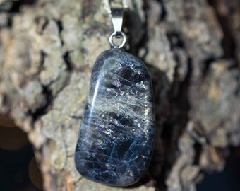 Black moonstone with silver chain / 925 silver / necklace pendant / forest lights natural stone moon