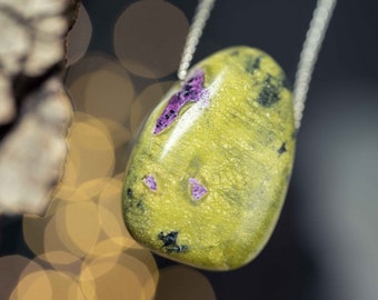 Stichtite with Serpentine with silver or gold plated chain / necklace pendant / forest lights natural stone