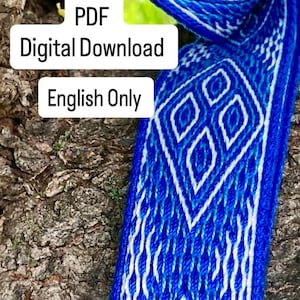 May include: A blue woven belt featuring a white diamond pattern. The image includes text that reads: PDF Digital Download, English Only, and Belt #7. The belt is displayed against a textured brown surface.