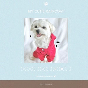 Puede incluir: Un pequeño perro blanco con un impermeable rosa brillante. El perro está mirando a la cámara con la lengua fuera. El texto "MY CUTIE RAINCOAT" está en la parte superior de la imagen. El texto "ENJOY THE RAIN!" está en la parte inferior de la imagen.