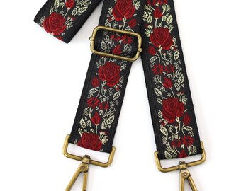 Embroidered Ribbon Crossbody Strap | Vintage Style Woven Strap With Gold Metallic Thread | Retro Purse Strap Replacement | Length 34"-60"