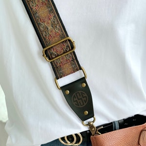 Personalized Embroidered Crossbody Strap | Vintage Style with Gold Metallic Thread | Gift for Him & Her