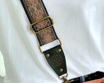 Personalized Embroidered Crossbody Strap | Vintage Style with Gold Metallic Thread | Gift for Him & Her