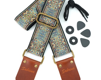 Personalized Embroidered Guitar Strap: Italian Leather Ends, Custom Engraving