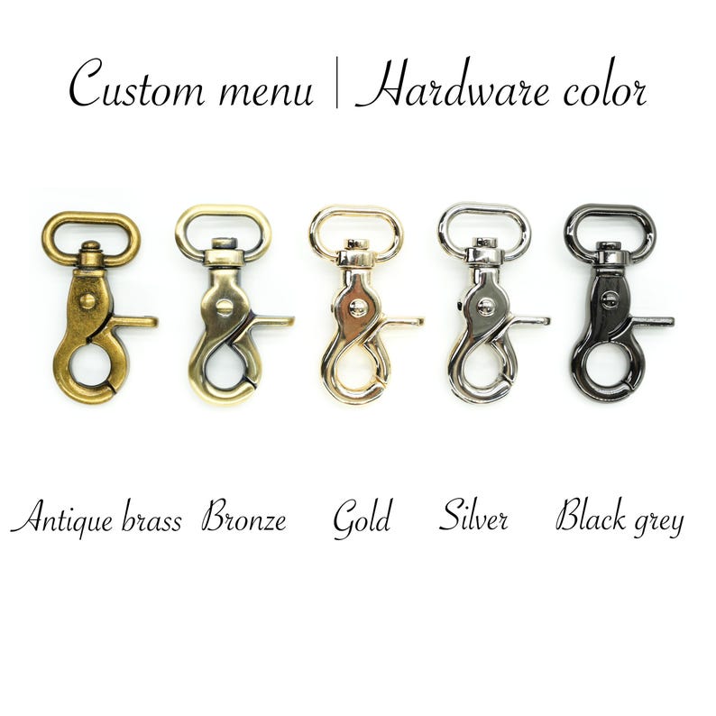 Pu&ograve; includere: Cinque chiusure metalliche di diversi colori, da sinistra a destra: ottone anticato, bronzo, oro, argento e grigio scuro. Menu personalizzato | Colore dell'hardware.