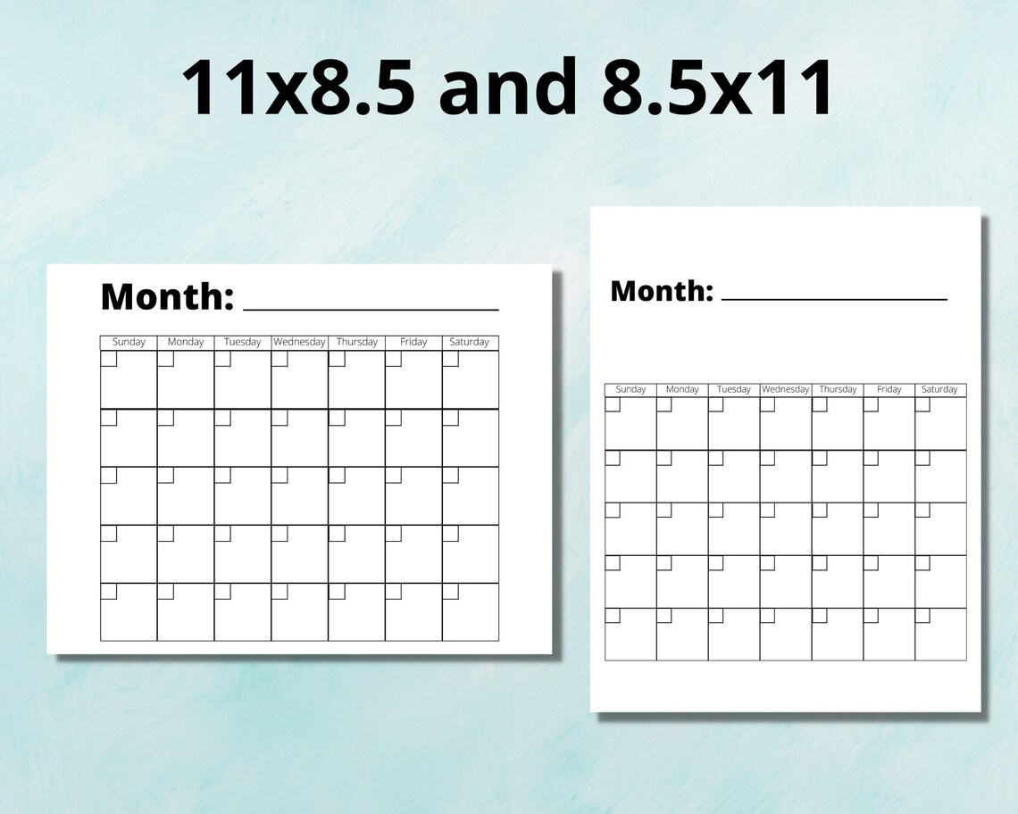 Printable blank calendar PDF 11x8.5 8.5x11 | Etsy