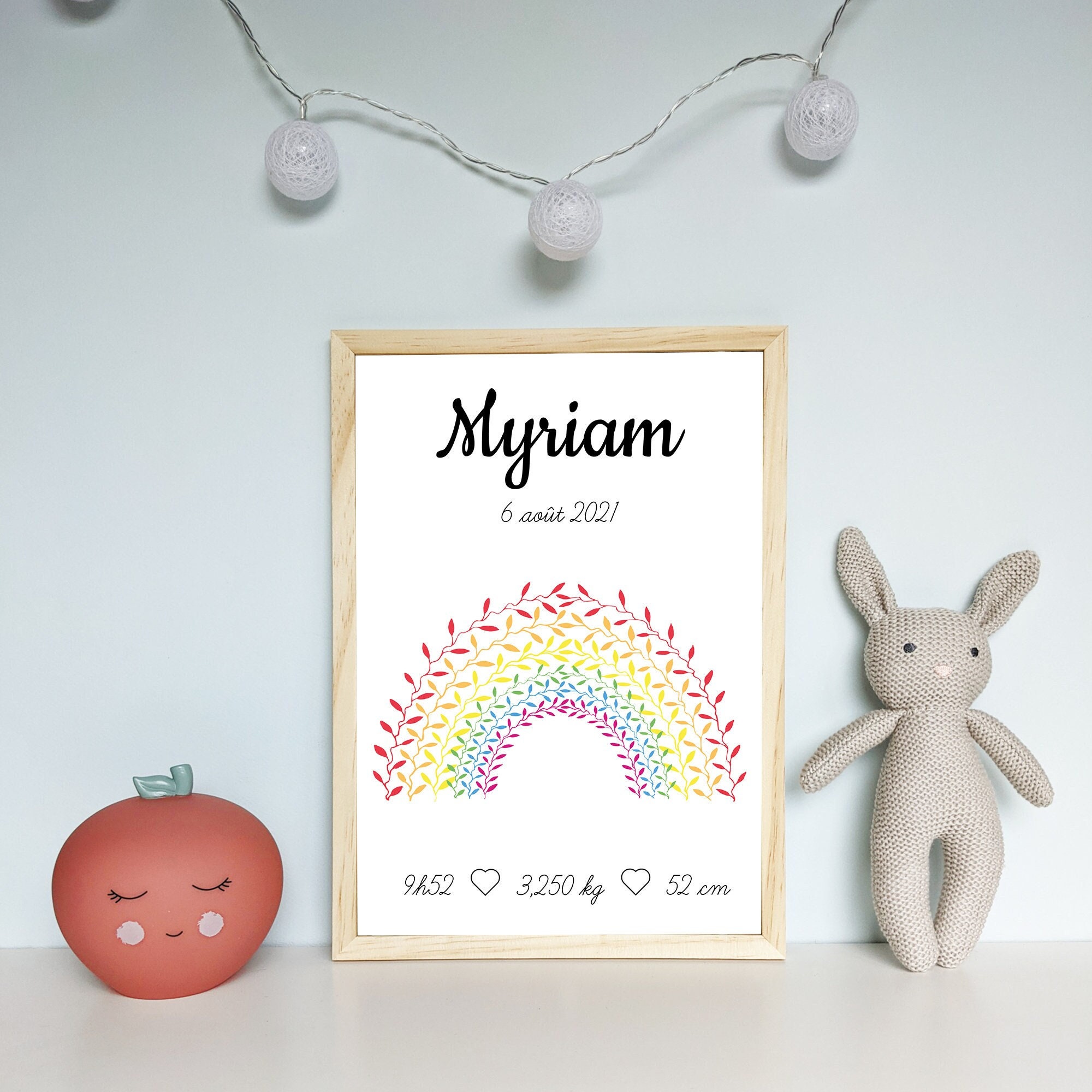 Affiche de Naissance Personnalisable Pour Bébé, Motif Arc en Ciel