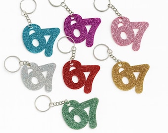6 7 Keyring, 67 Meme Keychain, glitter acrylic, six seven