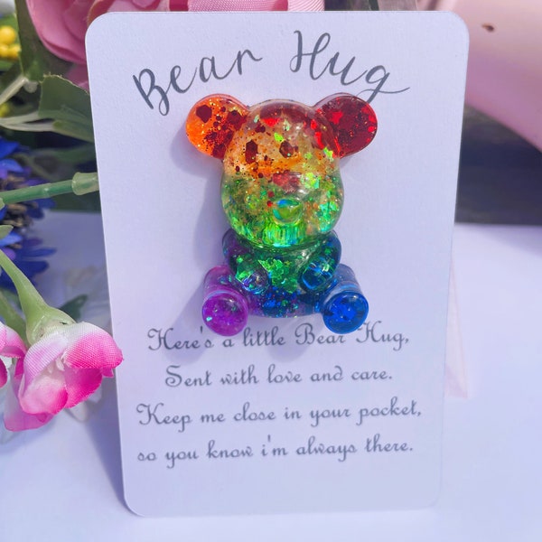 Bear Hug, Mental and well-being gift, pocket hug, rainbow bear, resin bear, token gift, gifts for her, gifts for him