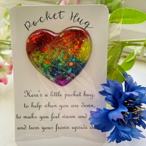 Rainbow Pocket Hug, resin heart, token gift, positivity gift, gifts for her, rainbow gift, pocket hug, mental health, wellbeing