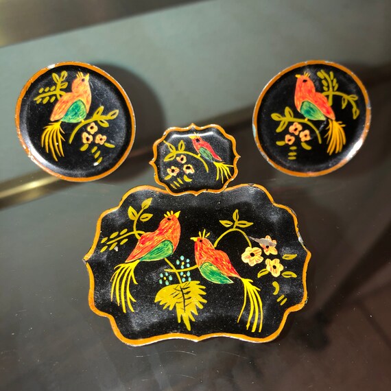 Tole Ware Tray Brooch Set with Cufflinks and Earr… - image 10