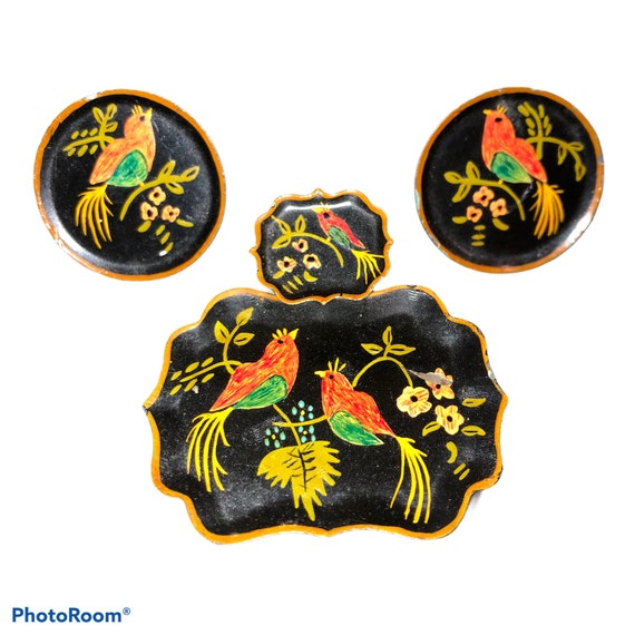 Tole Ware Tray Brooch Set with Cufflinks and Earr… - image 1