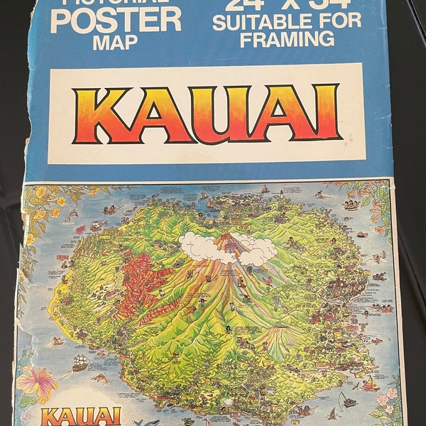 Island of Kauai Pictorial Poster Map. Vintage Art