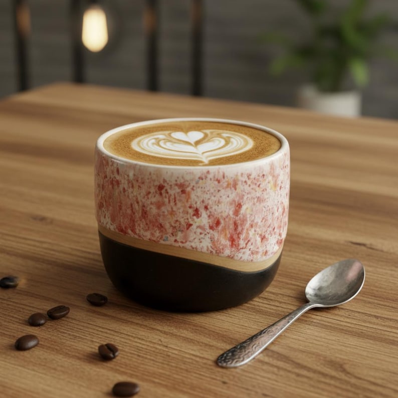 May include: A ceramic mug with a speckled pink and white upper section and a solid black base, filled with a latte featuring heart-shaped foam art. A small silver spoon rests beside the mug, accompanied by several scattered roasted coffee beans.