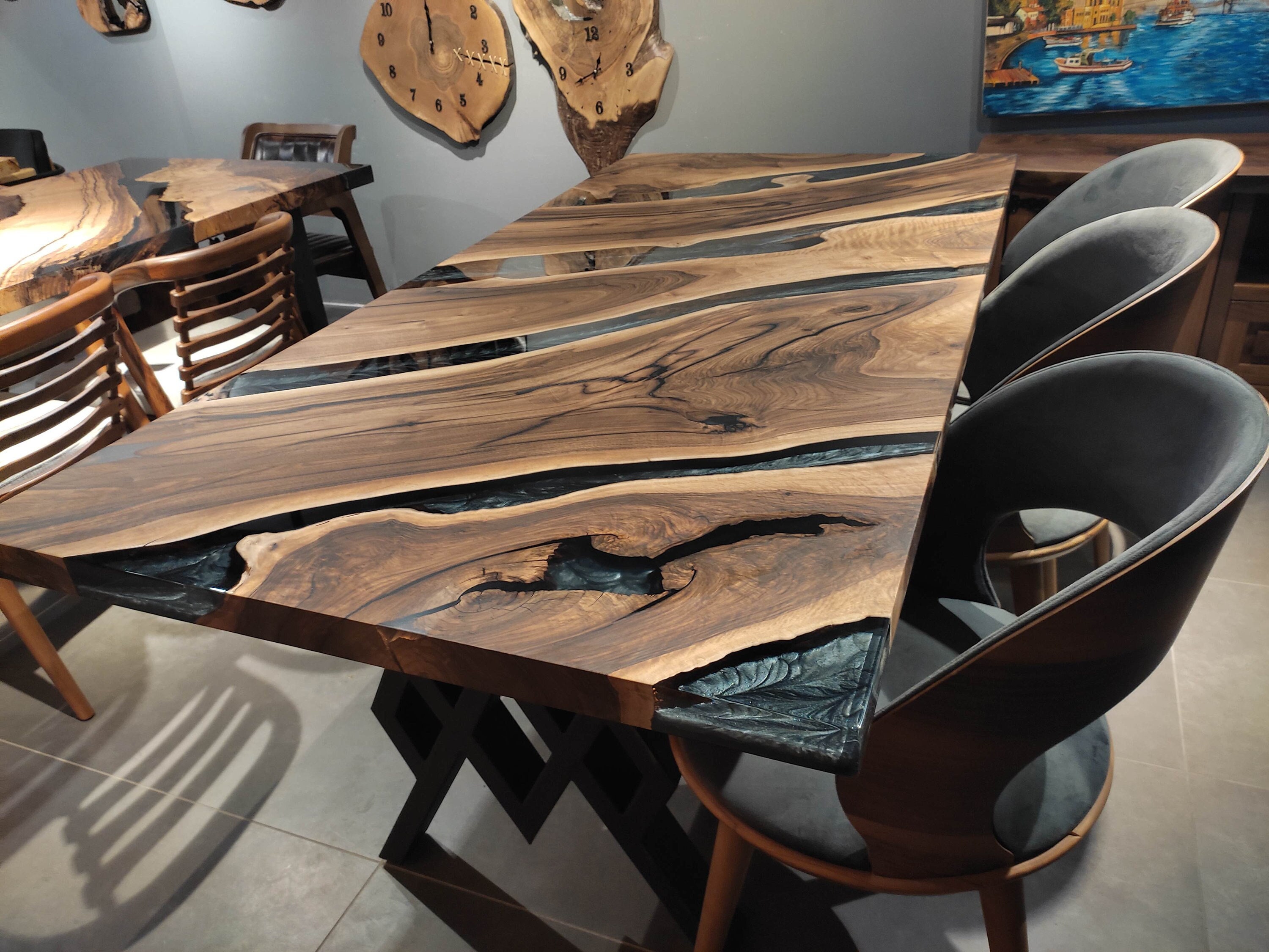 Walnut Live Edge Burl Dining Tabletop - Gray River Resin Epoxy - 80 x 40 x  2