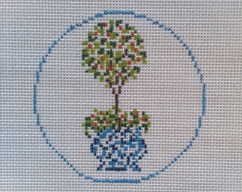 Needlepoint Canvas Hand Painted Blue Pot with Round Topiary, 13 Count, 4" Design, 8 x 8" Canvas