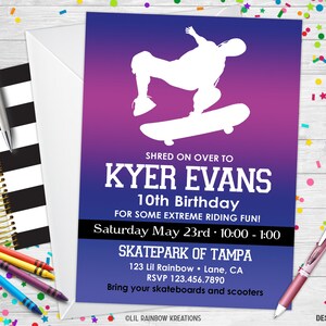 883 | Invitation à une fête de skateboard et carte de remerciement