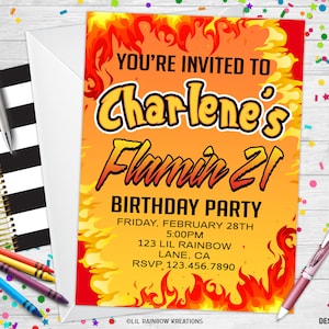 168 | Convite para festa quente Flamin e cartão de agradecimento