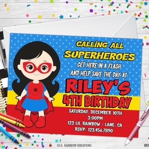 905 | Convite para festa inspirado na Spider Girl e cartão de agradecimento