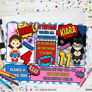 778-02 | Wonder Woman and Bat Girl Party Einladung & Danke Karte