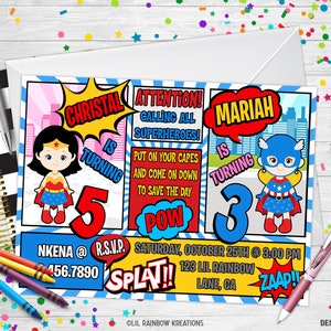 778 / Wonder Woman e Captain America Party Invitation & Thank You Card